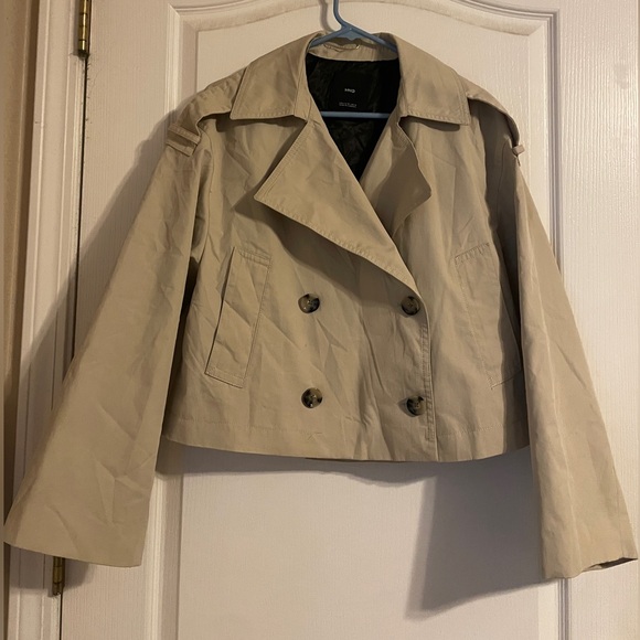 Mango Tan Double-Breasted Cropped Trench Coat Medium Utility Academia Normcore - Picture 1 of 7